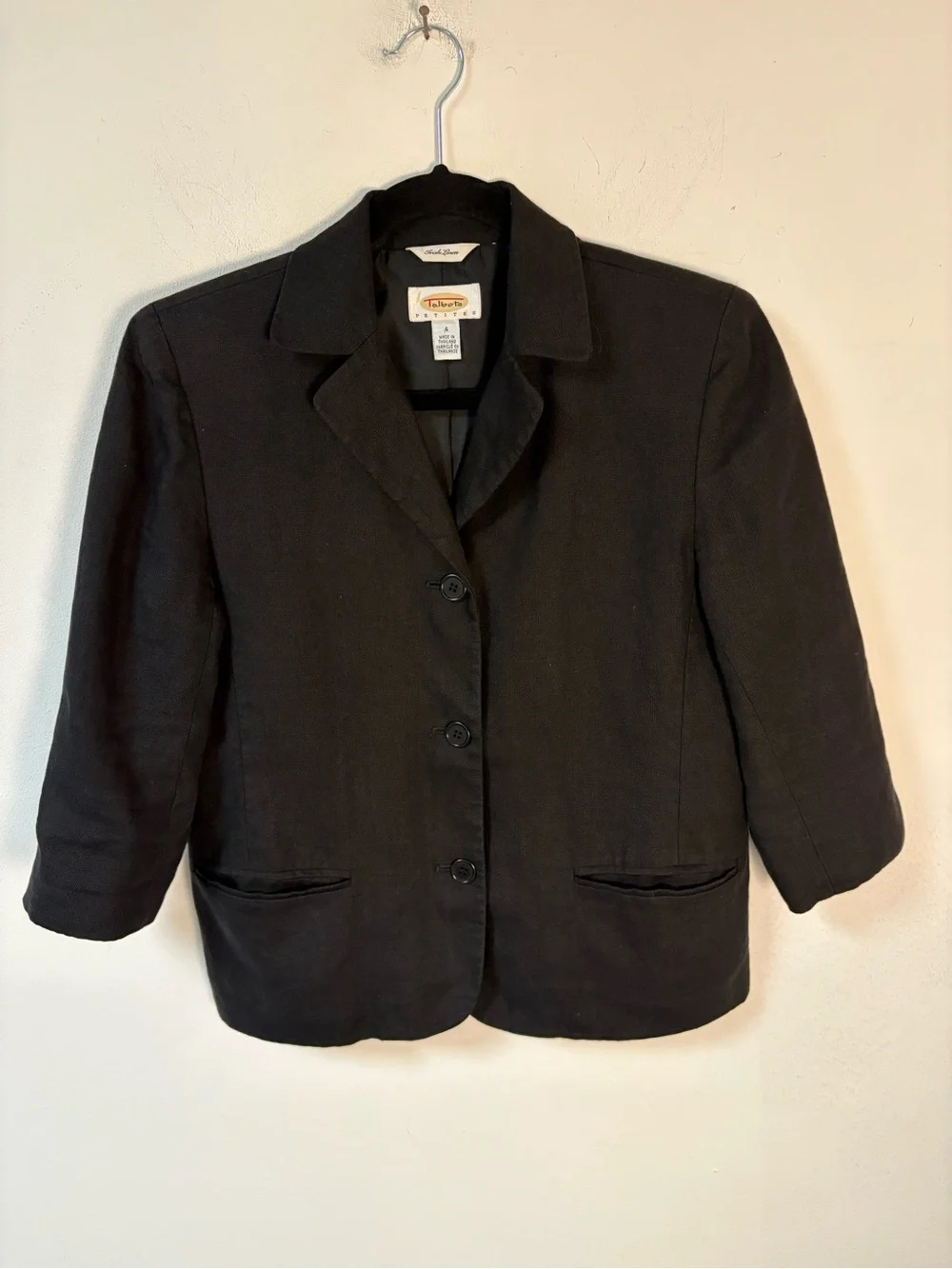 Talbots Black Women's Three-Button Blazer Jacket Irish Linen 4P
